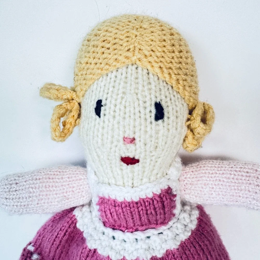 Hand-Knitted Yarn Doll Jean Greenhowe Vintage Pattern Blonde‎ Girl Pink 11.5 in